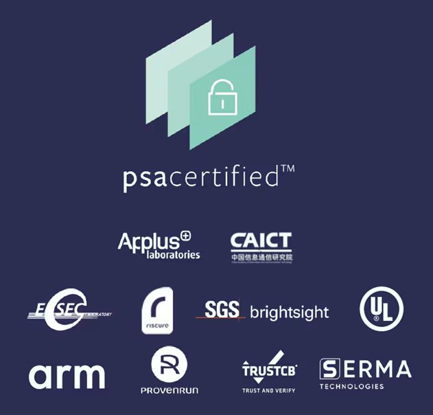 A collection of partner and certification logos is displayed on a dark blue background, centered around the PSA Certified emblem featuring a lock icon. The image includes clearly visible names such as Arm, UL, SGS, CAICT, and others, indicating collaboration in security certification.