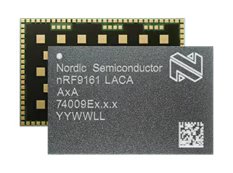 A close-up image of a Nordic Semiconductor nRF9161 LACA microchip is shown. The chip features visible gold contact points and printed technical details, including the model number and a QR code.