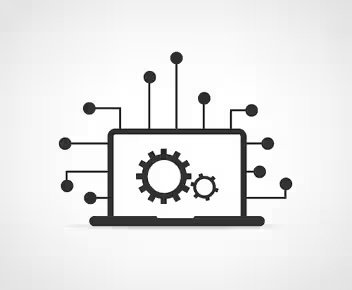 A minimalist illustration features a laptop with two gear icons displayed on its screen, symbolizing technology and automation. Lines extend from the laptop to circular nodes, representing digital connectivity and network integration.
