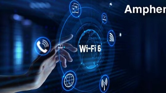 A human hand reaches toward a futuristic digital interface displaying the term 'Wi-Fi 6' at the center. The background features glowing blue icons representing connectivity and communication, with the word 'Amphenol' clearly visible in the upper right corner.