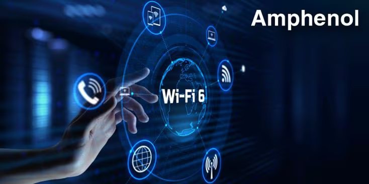 A human hand reaches toward a futuristic digital interface displaying the term 'Wi-Fi 6' at the center. The background features glowing blue icons representing connectivity and communication, with the word 'Amphenol' clearly visible in the upper right corner.