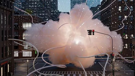 분홍색 구름이 양쪽에 높은 건물이 있는 황량한 도심 교차로를 가득 채우고 있습니다. 그 구름은 중심에 있으며, 흰색 촉수와 입자를 밖으로 방사하며 연결을 암시합니다.