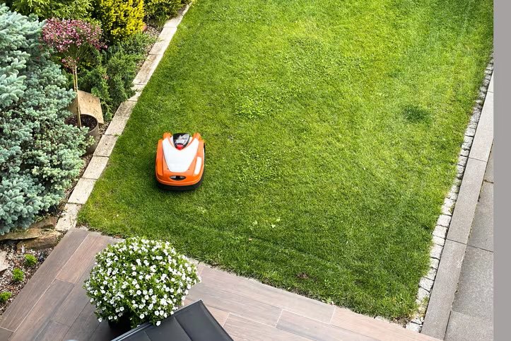 A compact, orange robotic lawn mower is actively trimming a well-maintained green lawn in a suburban backyard.