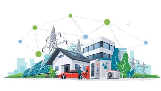 Illustration of a contemporary house equipped with solar panels, electric vehicle charging, and smart energy systems. The setting includes a residential building, solar arrays, power lines, and a red electric car, all interconnected by a digital network. The visuals emphasize clean energy, sustainability, and advanced technology in a suburban environment.