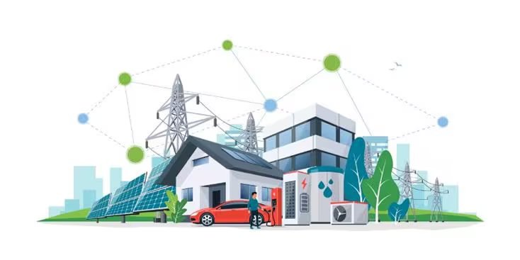 Illustration of a contemporary house equipped with solar panels, electric vehicle charging, and smart energy systems. The setting includes a residential building, solar arrays, power lines, and a red electric car, all interconnected by a digital network. The visuals emphasize clean energy, sustainability, and advanced technology in a suburban environment.