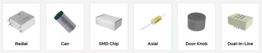 The image shows six different types of electronic component packages, each labeled with its respective name. The types include Radial, Can, SMD Chip, Axial, Door Knob, and Dual-In-Line. Each component is visually distinct, with clear illustrations highlighting their shapes and lead configurations.