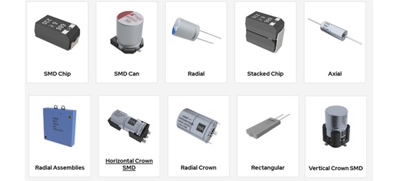 A collection of capacitor images showcases different types and mounting styles, including SMD chip, SMD can, radial, stacked chip, and axial. Each capacitor is visually distinct, with clear labeling beneath each image such as 'Radial Assemblies' and 'Vertical Crown SMD.'