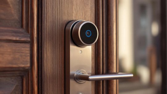 A sleek smart door lock is installed on a wooden entry door, featuring a circular digital interface with a blue ring indicator. 