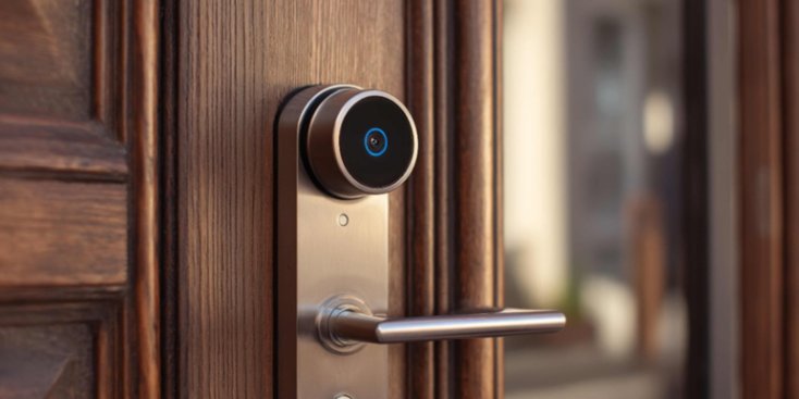 在木质入口门上安装了一款时尚的智能门锁，配有圆形数字界面和蓝色指示环。