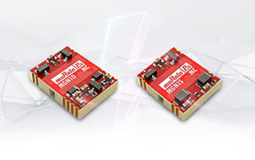 Two Murata MGN1D electronic modules are displayed on a clean, white surface with a subtle geometric background. The modules are rectangular with red tops and visible electronic components.
