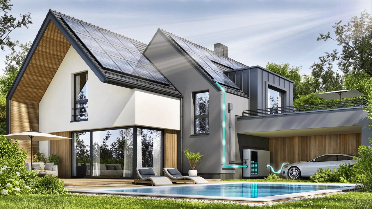A contemporary two-story home features large solar panels on the roof, a swimming pool in the foreground, and an electric car charging station.