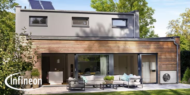 A contemporary house with a flat roof and wood paneling is shown in a lush, green outdoor setting. The patio features outdoor seating and large sliding glass doors, with a solar panel visible on the roof. The Infineon logo is clearly displayed in the lower left corner of the image.