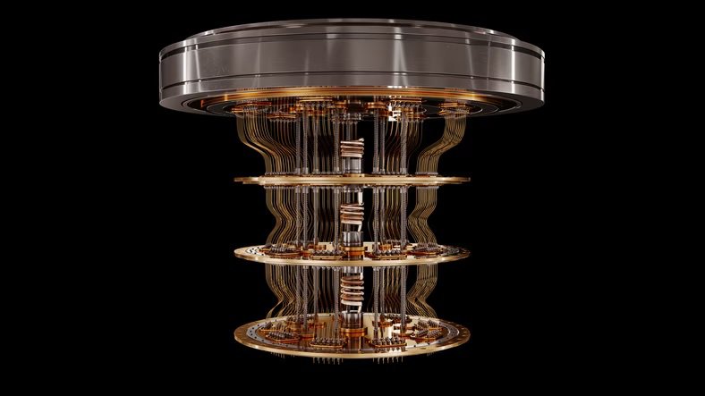 A sophisticated quantum computer processor suspended against a black background. Multiple circular layers are interconnected by intricate gold wiring, highlighting the advanced engineering and complexity of the device.