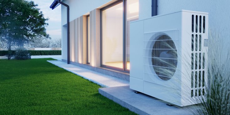 Une grande unité de pompe à chaleur blanche est installée sur une dalle de béton à côté d'une maison moderne avec de grandes fenêtres. L'environnement est une zone résidentielle extérieure avec une pelouse verte bien entretenue et des caractéristiques architecturales minimalistes. L'image est capturée dans une lumière douce de jour.
