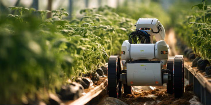 A modern agricultural robot navigates between rows of lush green plants inside a greenhouse. The robot is equipped with wheels and visible wiring, designed for automated crop management. The scene is brightly lit with natural sunlight, highlighting the advanced technology and healthy vegetation. No visible text or numeric values are present on the robot or in the environment.