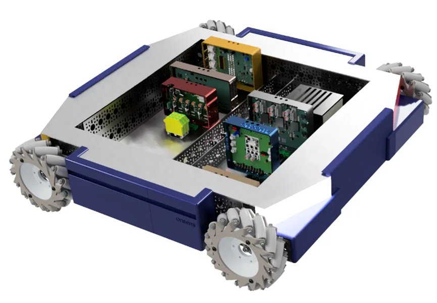 A compact robotics platform featuring four omnidirectional wheels and an open chassis design. The interior reveals multiple exposed circuit boards and electronic components, suggesting a modular or educational robotics kit.