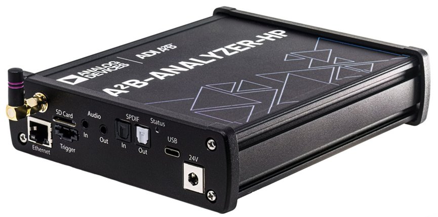 The image shows an Analog Devices A2B-Analyzer-HP, a specialized electronic testing and analysis device. 