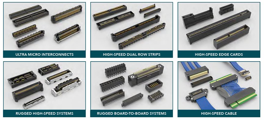 The image displays a variety of electronic connectors, including ultra micro interconnects, dual row strips, edge cards, and board-to-board systems. 