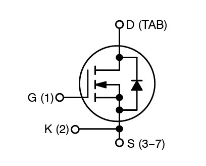 This image shows a schematic symbol for a MOSFET transistor with clearly labeled terminals: Gate (G), Source (S), Drain (D), and Kelvin connection (K). 