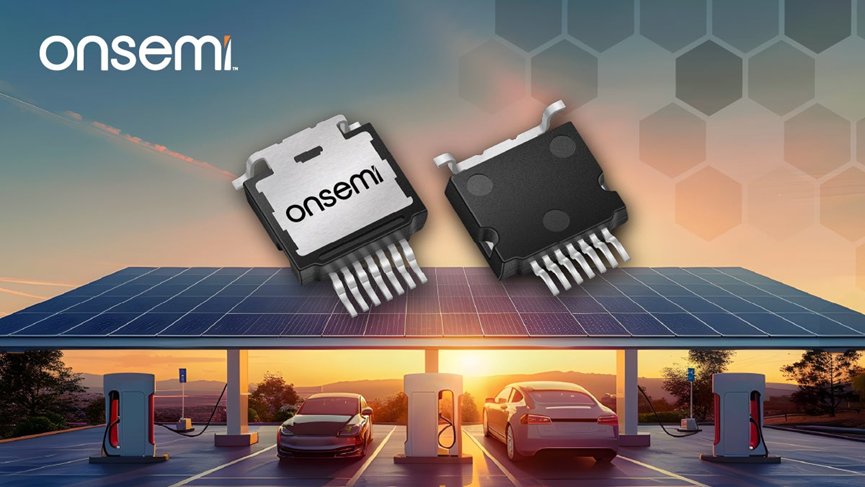 Two Onsemi electronic chips are prominently displayed above a modern solar-powered car charging station at sunset. 