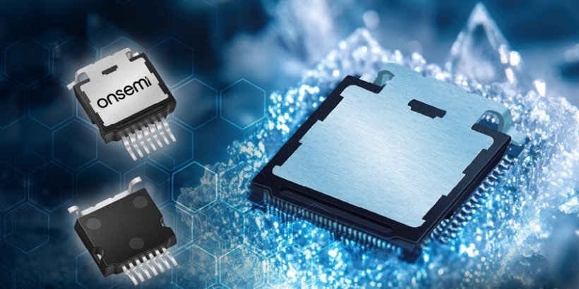 图像中有三个电子微芯片，其中一个显著显示了“onsemi”名称。