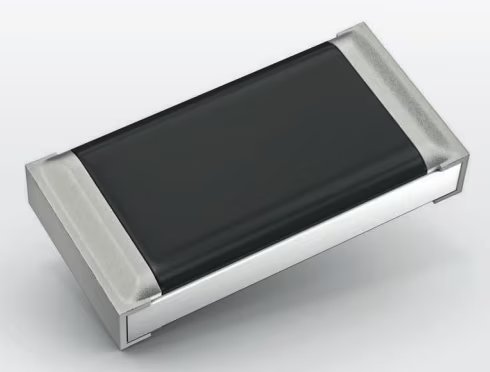 A close-up image of a rectangular electronic component featuring a black central section and metallic silver ends.