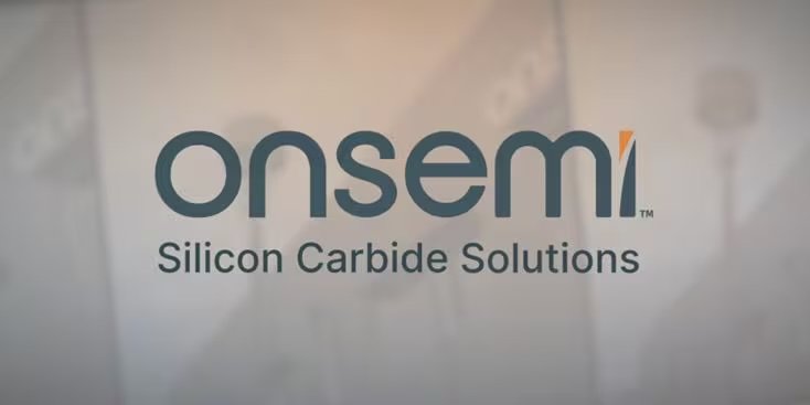 The image features the unmistakable onsemi logo with the phrase 'Silicon Carbide Solutions' clearly visible below it. The background is softly blurred, suggesting a professional or industrial setting. The overall palette is muted, focusing attention on the central text.