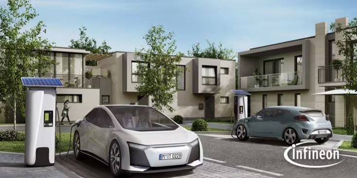 Two modern electric vehicles are parked and charging at solar-powered charging stations in a contemporary suburban neighborhood. The Infineon logo is visible in the lower right corner.