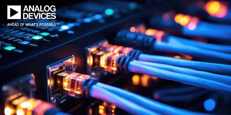 Un gros plan de plusieurs câbles réseau branchés à un appareil, avec des connecteurs illuminés créant une atmosphère vibrante et high-tech. Le logo Analog Devices et la phrase 'AHEAD OF WHAT'S POSSIBLE' sont clairement visibles dans le coin supérieur gauche. La scène présente un arrière-plan sombre avec un éclairage bleu et orange, mettant en valeur le cadre technologique moderne.