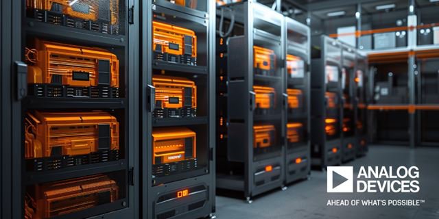A modern server room featuring multiple equipment racks with orange illuminated components. The setting is a high-tech data center environment, emphasizing advanced technology and infrastructure. The Analog Devices logo and the phrase 'AHEAD OF WHAT'S POSSIBLE' are clearly visible in the lower right corner.