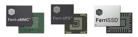 Three integrated circuit memory chips labeled Ferri-eMMC, Ferri-UFS, and FerriSSD are displayed side by side. The chips feature visible circuit patterns and a metallic or matte finish, with clear product names on each.