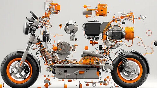 A detailed illustration showcases a motorcycle with its parts separated and suspended in mid-air, revealing the internal structure and mechanical components.