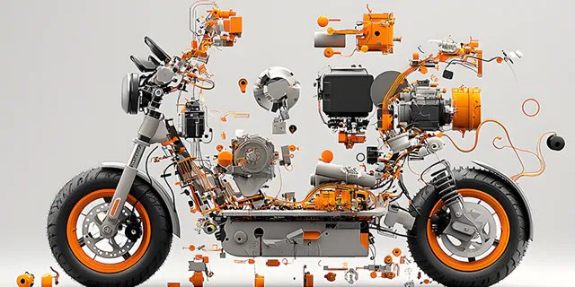 A detailed illustration showcases a motorcycle with its parts separated and suspended in mid-air, revealing the internal structure and mechanical components.