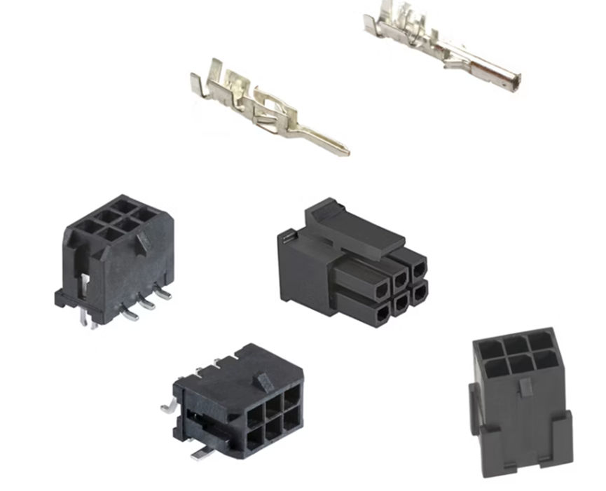 A collection of black plastic electrical connectors and metal terminals is displayed on a white background. The connectors feature multiple pin slots and are shown from various angles, highlighting their structure and connection points. The metal terminals are positioned above the connectors, emphasizing their role in electrical assembly. No visible text, numbers, or logos are present in the image.
