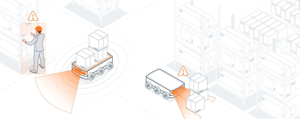 Illustrated warehouse scene shows autonomous robots transporting stacked boxes between tall storage shelves. A worker wearing a hard hat stands near a control panel while a nearby robot highlights his presence with an alert icon. Orange beams from the robots indicate their sensor detection zones scanning for obstacles and people. The background shelves and boxes are drawn in light outlines, emphasizing the active robots and safety alerts in the foreground.