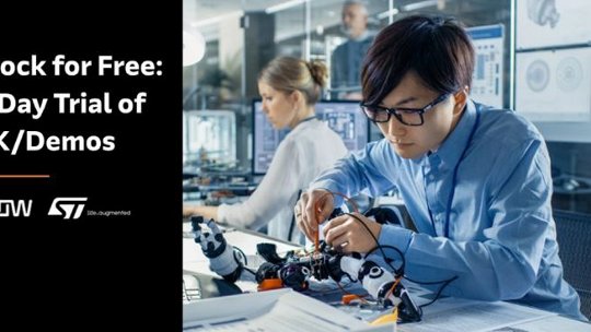 두 명의 엔지니어가 첨단 기술 연구소에서 로봇 손을 조립하고 테스트하는 데 집중하고 있습니다. 작업 공간은 전자 부품, 컴퓨터 모니터, 기술 장비로 가득합니다. 이미지에는 Arrow와 STMicroelectronics 로고가 뚜렷하게 표시된 EVK/Demos 28일 체험판 제공이 보입니다.