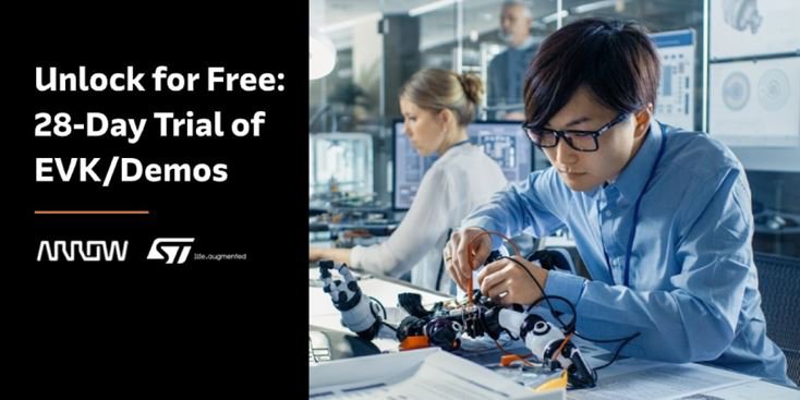 두 명의 엔지니어가 첨단 기술 실험실에서 로봇 손을 조립하고 테스트하는 작업에 집중하고 있습니다. 작업 공간에는 전자 부품, 컴퓨터 모니터, 기술 장비 등이 가득 차 있습니다. 이미지에는 EVK/Demos의 28일 체험 제공이 명확히 표시되어 있으며, Arrow 및 STMicroelectronics 로고가 뚜렷하게 나타나 있습니다.