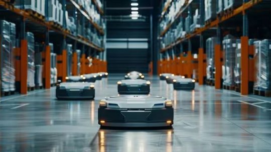 A fleet of autonomous robots moves through a spacious, well-lit warehouse aisle lined with tall shelves. The setting is highly organized, with visible pallets and industrial shelving units. The robots feature sleek, modern designs with illuminated indicators, emphasizing advanced automation technology.