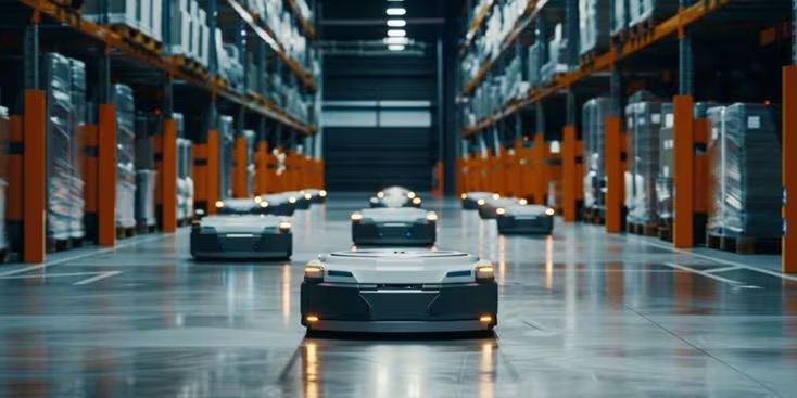 A fleet of autonomous robots moves through a spacious, well-lit warehouse aisle lined with tall shelves. The setting is highly organized, with visible pallets and industrial shelving units. The robots feature sleek, modern designs with illuminated indicators, emphasizing advanced automation technology.