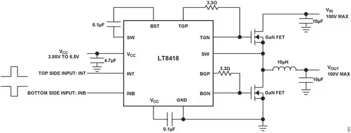 A detailed circuit diagram featuring the LMR33630 integrated circuit. The schematic illustrates a DC-DC converter setup with labeled input and output voltage points, passive components, and clear wiring paths.