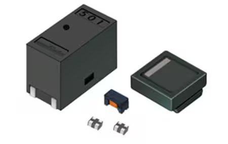 A collection of electronic components is displayed, including a rectangular black module marked with '301', a small chip, and two metallic connectors.