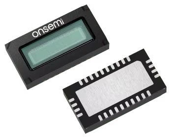 Two onsemi electronic sensor chips are displayed, one showing a glass-covered sensor area and the other revealing metallic contact pads. The chips are rectangular and feature a black casing with visible silver contacts along the edges.