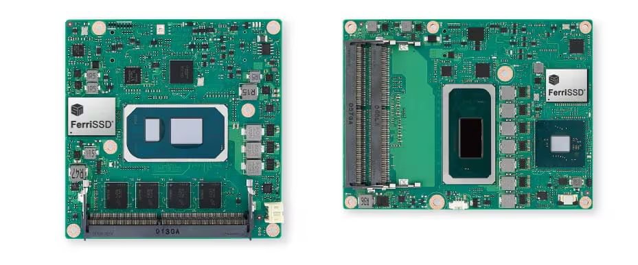 Two green printed circuit boards are shown side by side, each featuring a FerriSSD chip clearly labeled. The boards display various integrated circuits, connectors, and electronic components, with one board highlighting a central processor and memory modules.