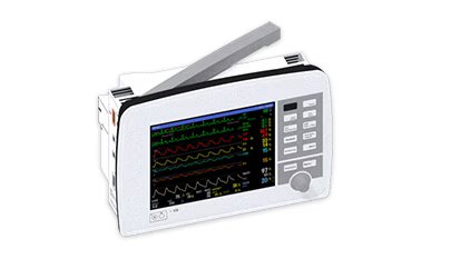 A modern medical patient monitor is shown with a vivid color display featuring multiple vital sign waveforms and numeric readouts. The device includes a control panel with labeled buttons and a rotary knob, set against a plain background. The screen displays various colored lines and numbers, indicating real-time monitoring of patient health metrics.