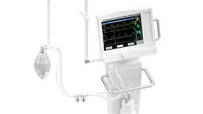 A modern hospital ventilator is shown with a digital display screen featuring real-time patient monitoring data. The screen displays vital signs, including heart rate and respiratory patterns, with clear waveform graphics and numeric values. The ventilator includes a breathing bag and tubing.