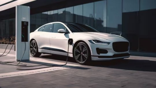 세련된 흰색 전기 세단이 현대적인 야외 충전소에 주차되어 충전 중입니다.; 차량은 충전기에 연결되어 있습니다.