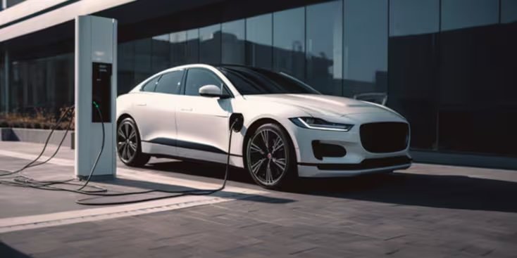 A sleek white electric sedan is parked and charging at a contemporary outdoor charging station.; the car is connected to the charger.