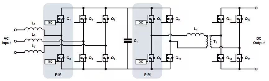 This image shows a detailed circuit diagram of a three-stage power converter system. The diagram includes labeled AC input lines, multiple transistors (Q1–Q14), inductors (L1–L4), a capacitor (C1), and a transformer (T1). The flow from AC input to DC output is clearly illustrated, with each stage separated and components distinctly marked.