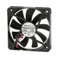 A square-shaped black cooling fan is shown with a central circular label. Red and black wires are visible, indicating power connections.