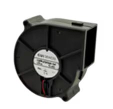A black centrifugal blower fan is shown in close-up, with a white product label clearly visible at the center. The fan features a circular housing and a rectangular air outlet, with red and black wires extending from the base.